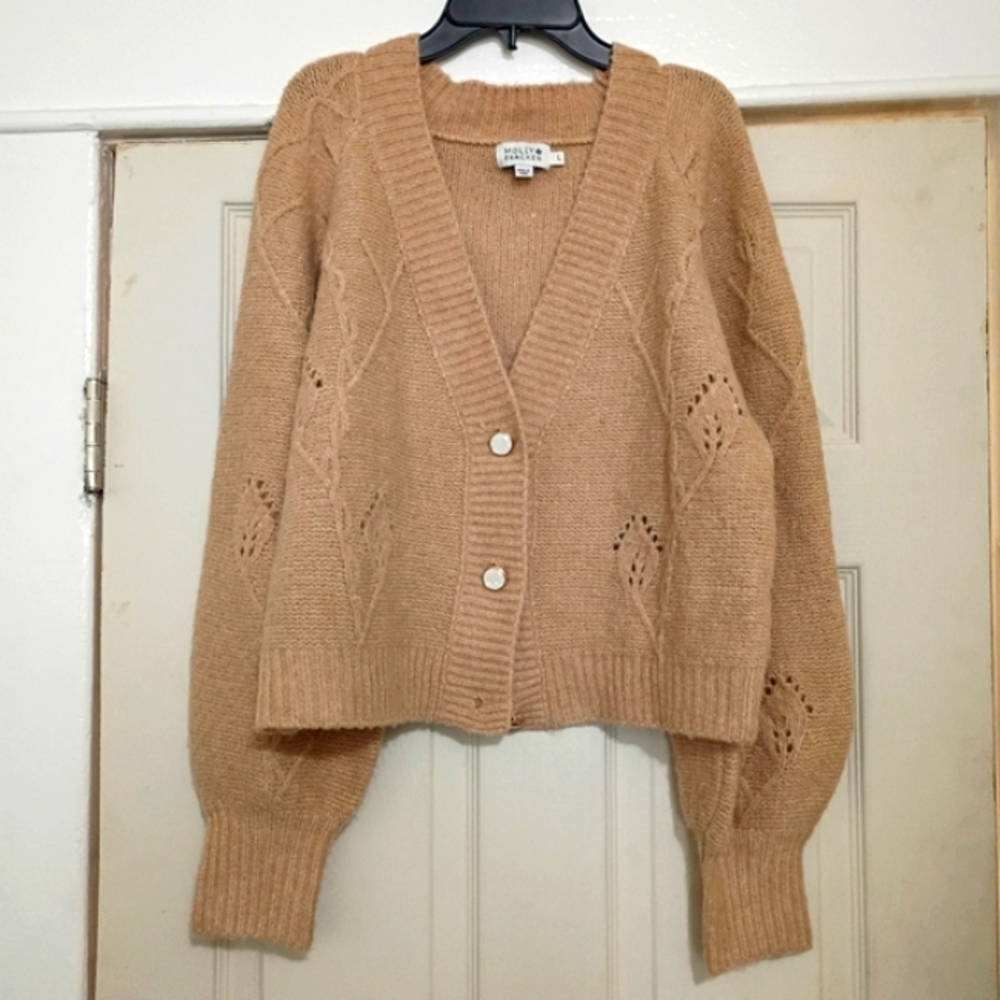 Molly Bracken V-Neck Pointelle Knit Boxy Cardigan Sweater Large Minimalist - Picture 11 of 13